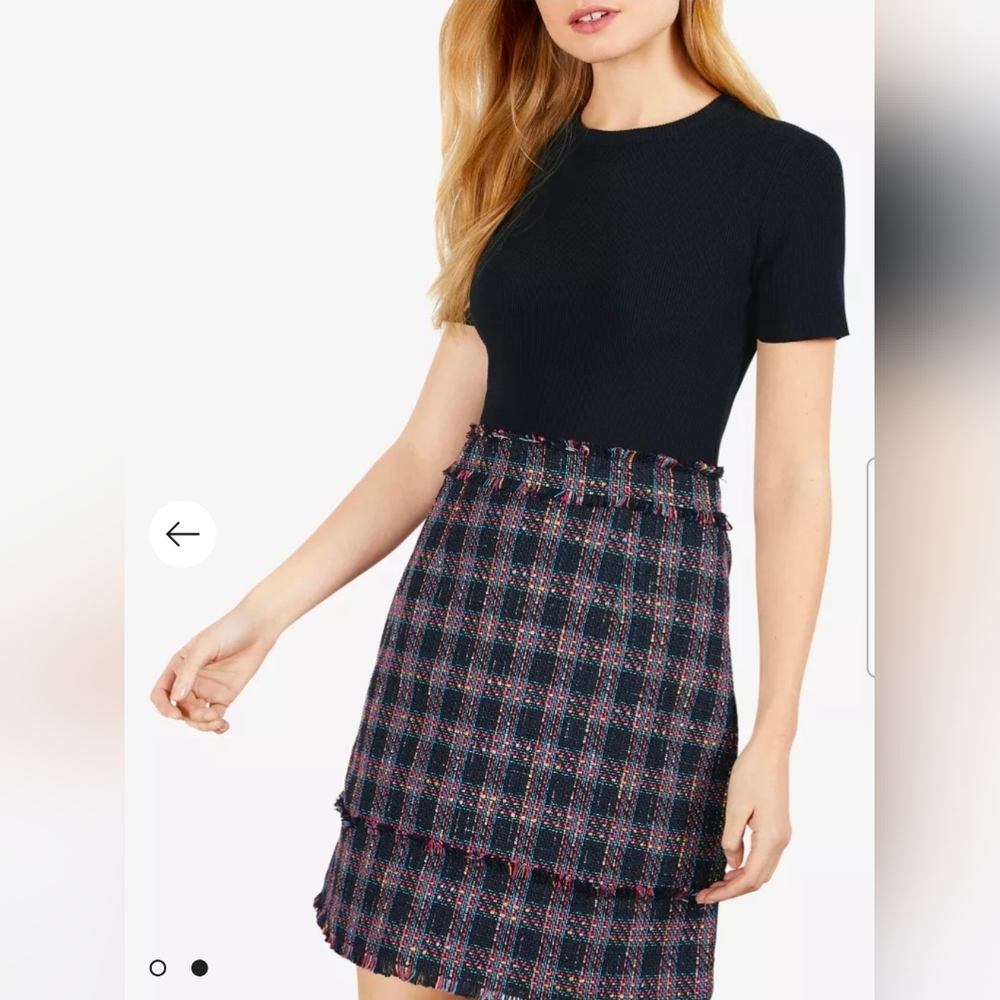 Ted Baker Rosesan Mockable Knit and Tweed Dress M Navy Plaid